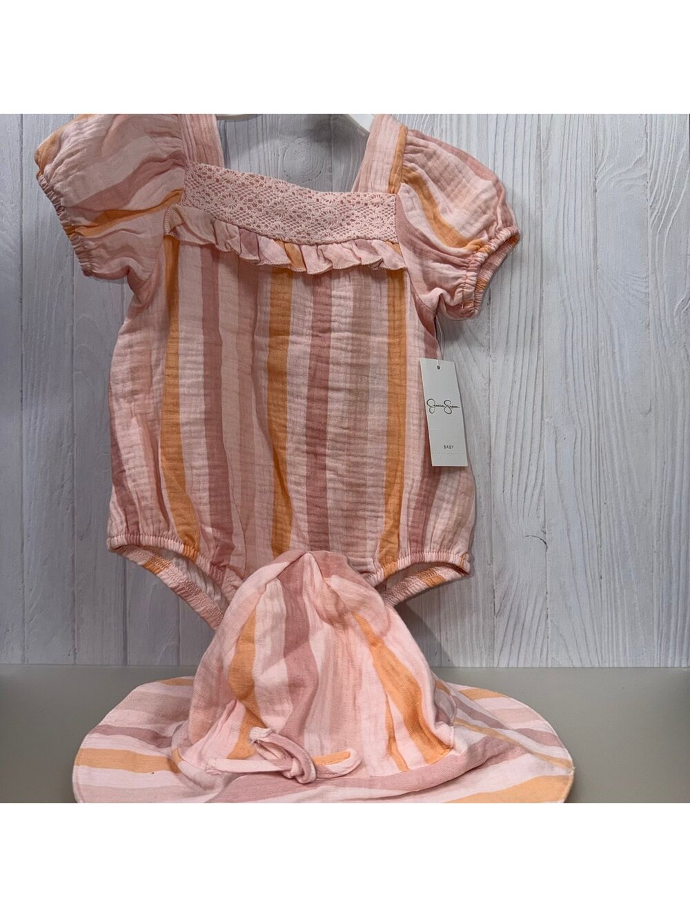 Jessica Simpson Baby Girls Striped Gauze Romper with Sun Hat NWT Size 18M